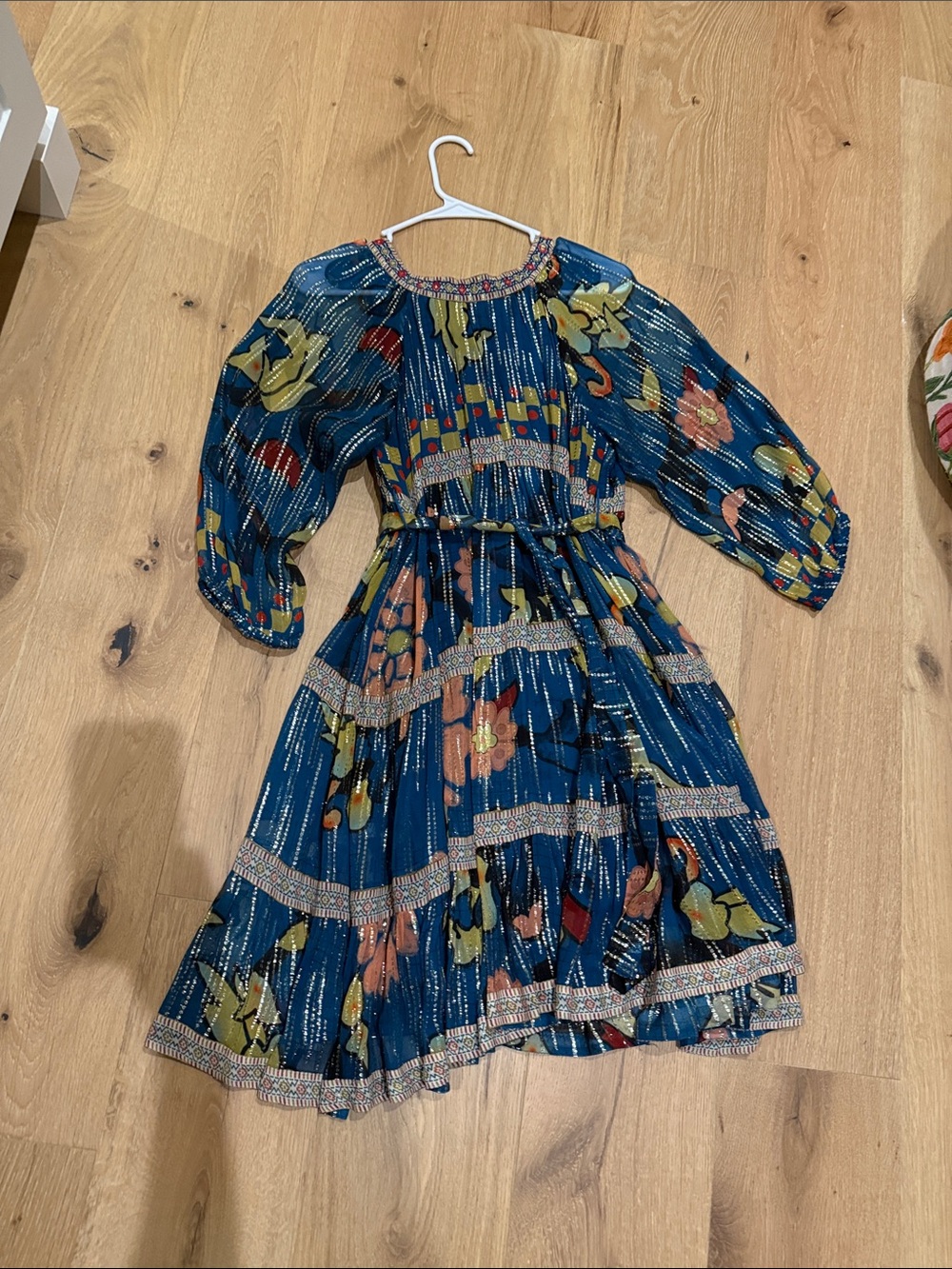 Girls' Navy Floral Puff-Sleeve Casual Dress
